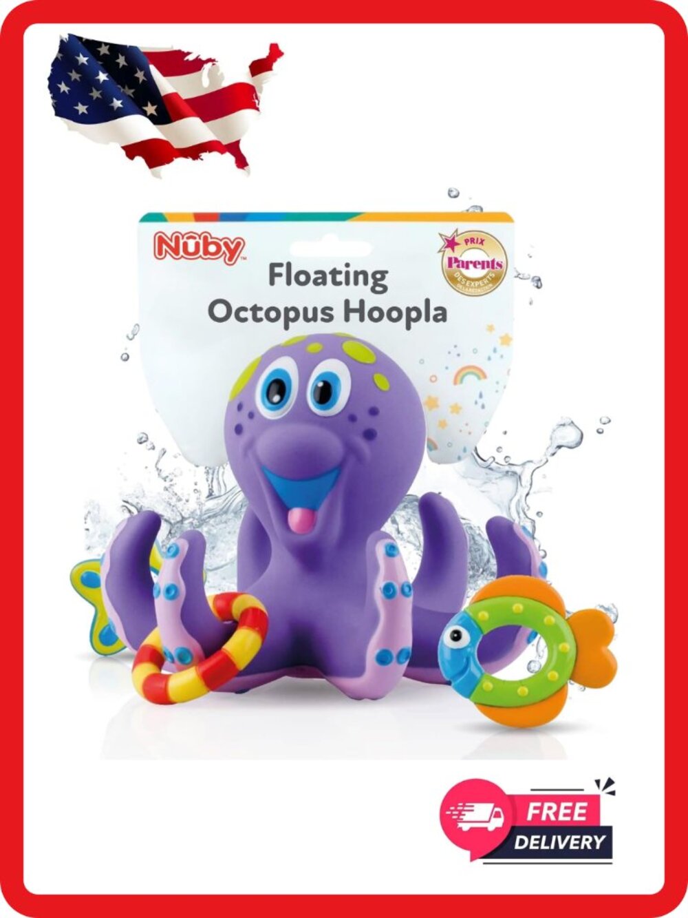 Nuby Floating Octopus Bath Toy 3 Hoopla Rings No Hole Baby Pool Toy 18+ Months